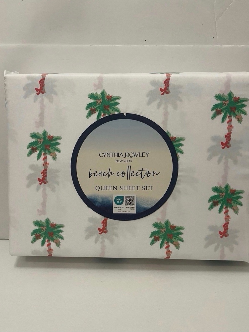 Cynthia Rowley Beach Collection Queen Size Sheet Set Bows on Palm Trees